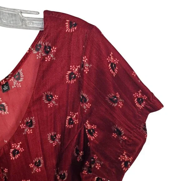 Obey Size M Dress Rouge Mini Floral Crinkle Velvet Button Front Ox Blood Red - Picture 9 of 12